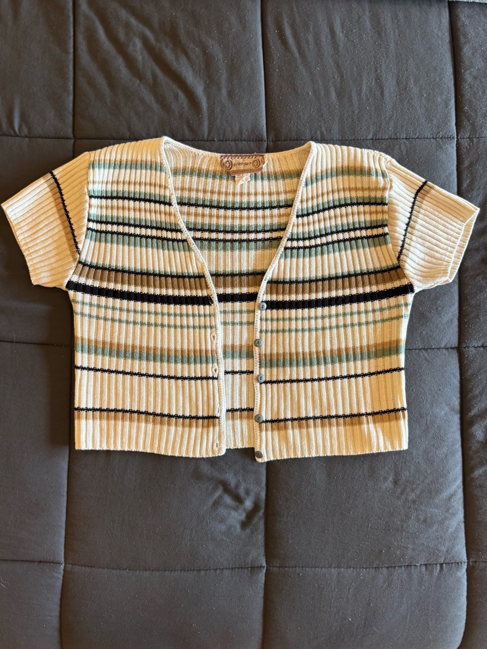 Short Sleeve Multi-Colored Ribbed Knit V Neck Striped Cardigan ~XS